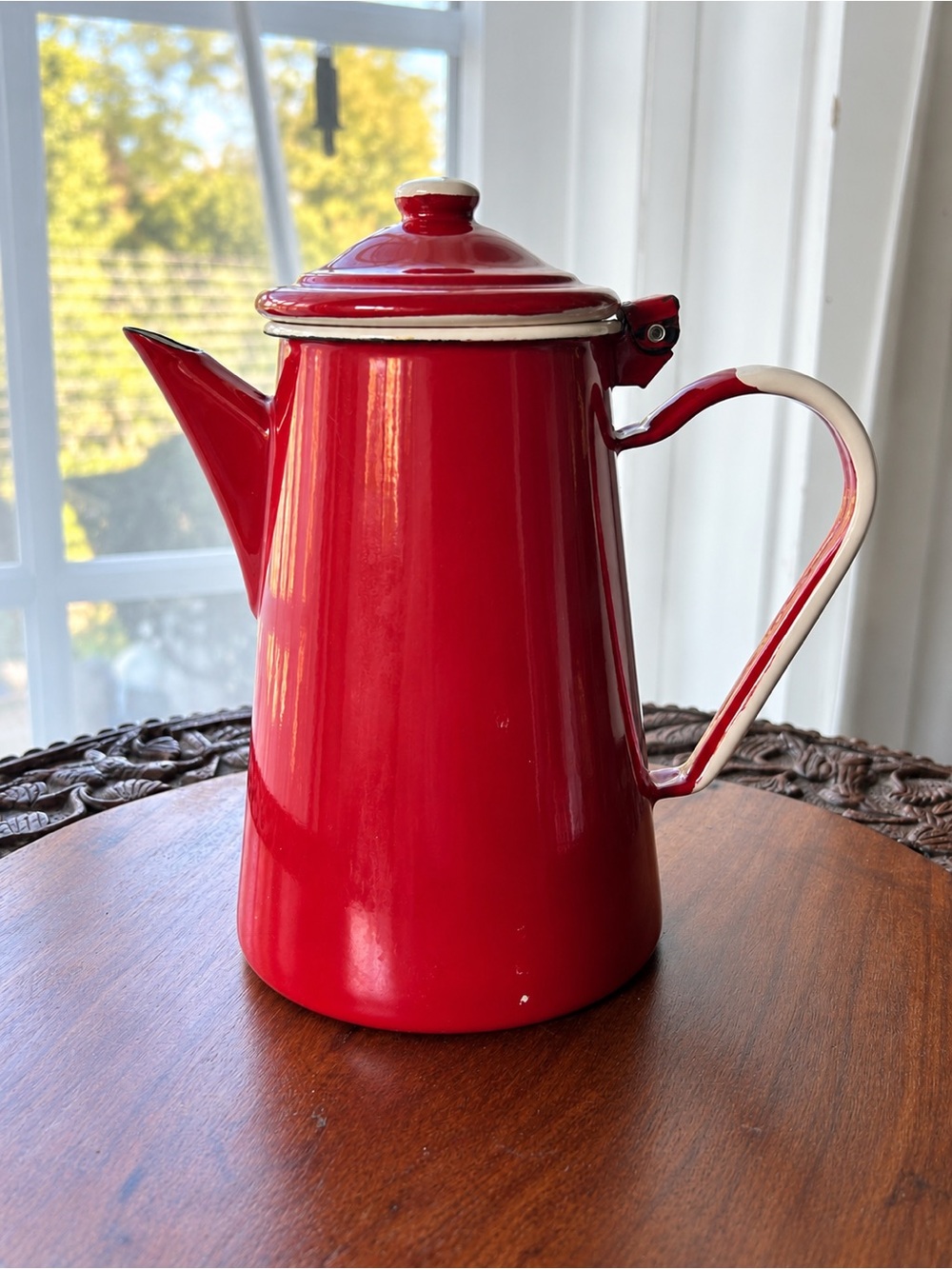 Emalia Olkusz 1907 Red Enamel Coffee Pot Hinged Lid Polish Enamelware